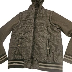 Hard Edge Jacket Mens Small Gray Quilted Bomber Hooded Varsity Style Polyester